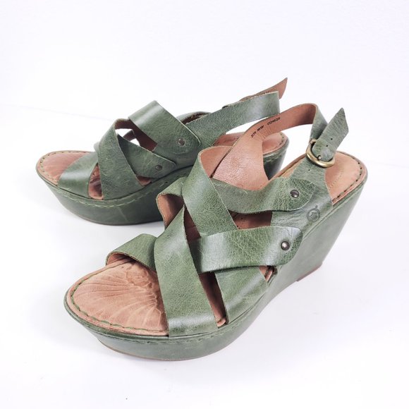 Born Leather Spring Green Strappy Platform Wedges Heels - Picture 4 of 7